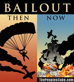 Bailout -= then and now - funny satirical cartoon